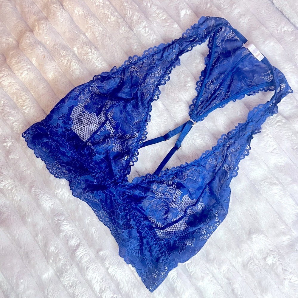🦋 Savage X Fenty Cobalt Lace Bralette | M | Open Back Strappy Lingerie